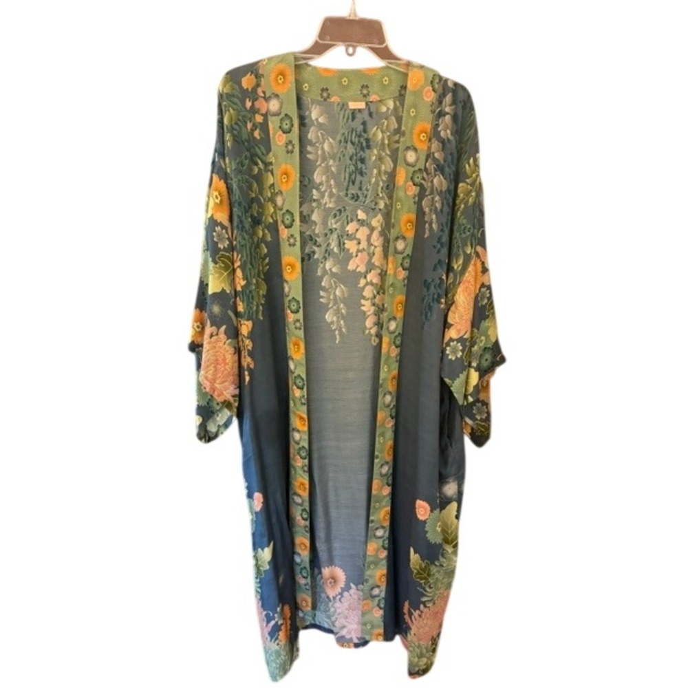 Powder Floral Kimono Duster Women M Blue Good Wisteria Chrysanthemum Pocket - Picture 2 of 7